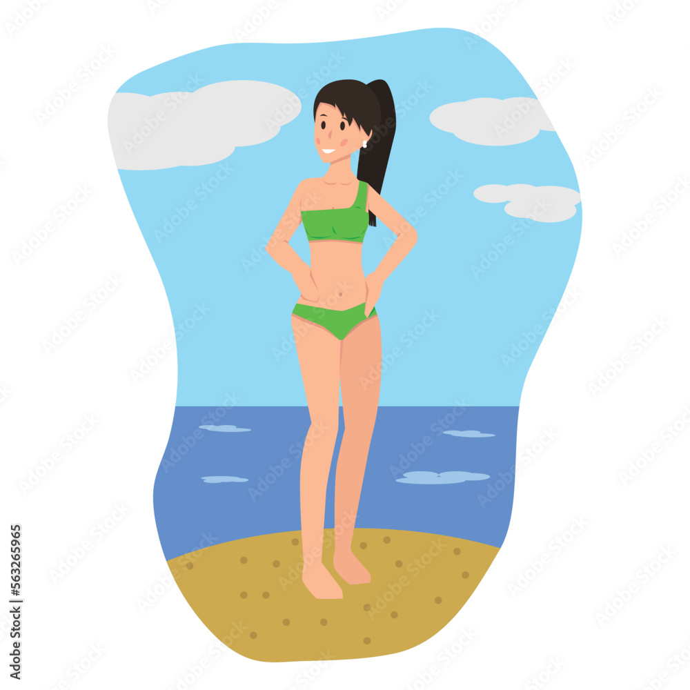 flat cartoon character of Bikini Gorgeous Woman in swimsuit