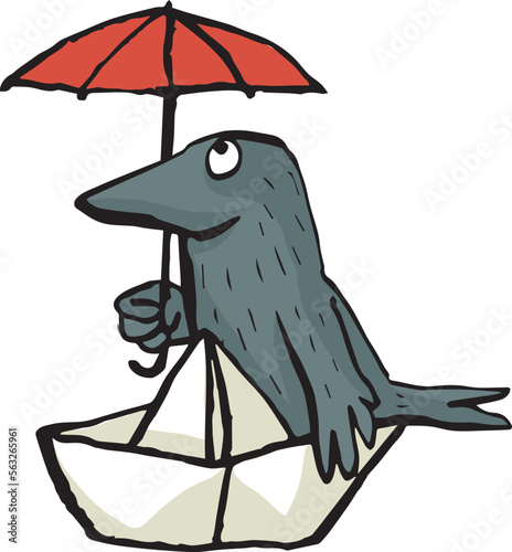 Vektor Illustration von einem Vogel, der gewappnet mit einem roten Schirm zum Selbstschutz in einem Boot sitzt	