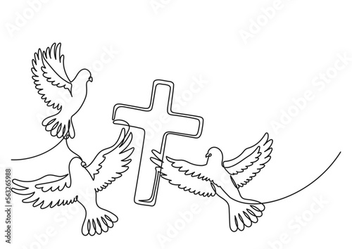 Three doves and cross. Continuous line drawing. Christianity religion concept. Vector illustration.