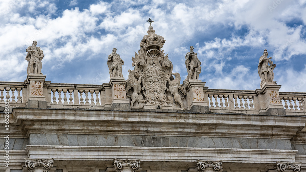 Detail of the royal heraldic coat of arms above the royal palace in Madrid