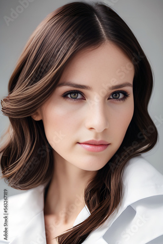 Portrait of a brunette female doctor. Created with Generative AI
