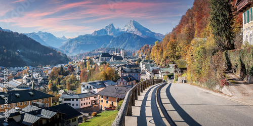Gorgeous mountain scenery in the Bavarian Alps. Scenic image of nature landscape during sunset. Alpine village of Berchtesgaden and Watzmann massif with colorful sky. Popular travel destination