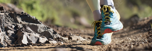 Trail running athlete exercising for fitness and health outdoors on mountain pathway, closeup of running shoes in action