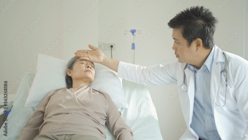 Obraz premium Portrait of Asian doctor check up body of sick old senior elderly patient on bed in hospital in medical and healthcare treatment at nursing home. People lifestyle