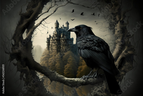 Raven on a dark fantasy landscape with dead trees and a castle illustration