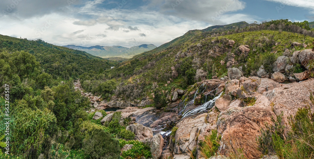Panorama of small waterfalls on the mountain river seen during trek to Pic Boby - Madagascar highest accessible peak, in Andringitra national park