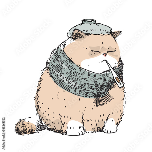 A sick kitten in a scarf, with a thermometer and a heating pad on his head. Pencil sketch of treating a sad pet. Hand drawn vector illustration