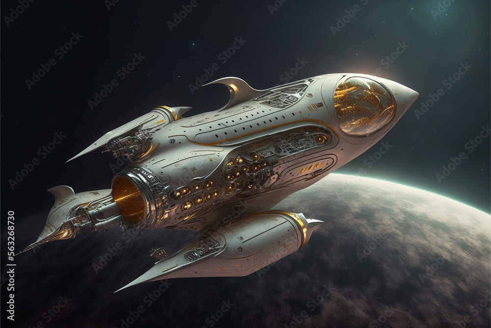 Artistic illustration of a fast spaceship in futuristic landscape, digital art style, spectacular background painting. Cover Design created with Generative AI Artistic illustration of a fast spaceship in futuristic landscape, digital art style, spectacular background painting. Cover Design created with Generative AI