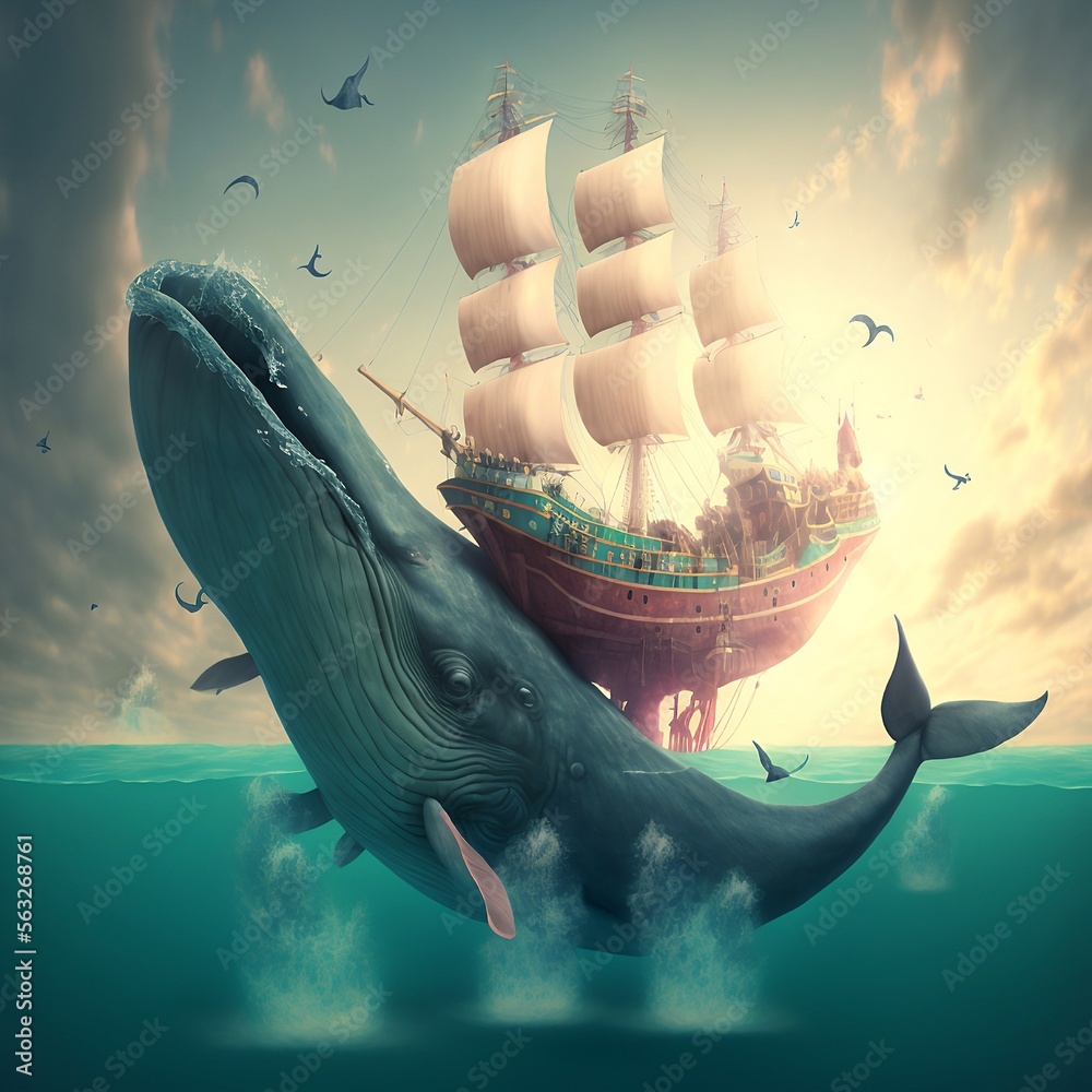 Surreal humpback whale in the ocean lifting a pirate ship trying to