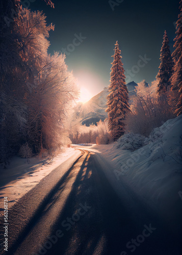 Country road in snowy sunny winter day, AI Generated