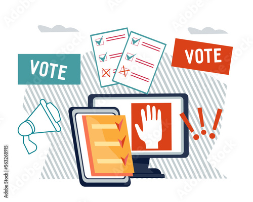 Online voting in state election or referendum banner template. Online survey and vote, public opinion poll banner or poster, flat vector illustration isolated on white background.