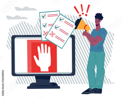 Online poll and political voting, society opinion poll and democratic vote campaign banner or poster backdrop with woman holding megaphone, flat vector illustration isolated on white background.