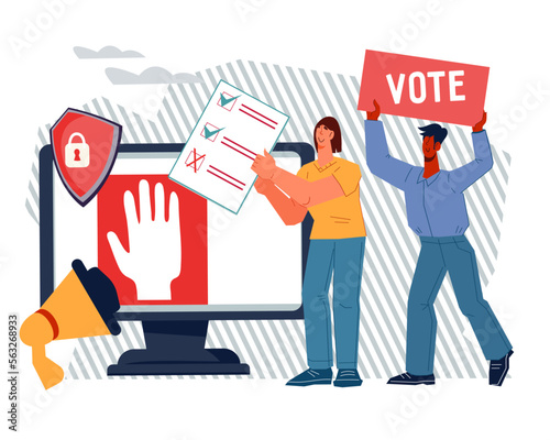 Active citizens taking part in online voting in democratic election or referendum. Online survey and vote, public opinion poll banner or poster, flat vector illustration isolated on white background.
