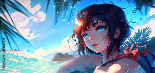 a wonderful attractive anime girl with blue eyes is standing at the beach, poster illustration, generative ai technology