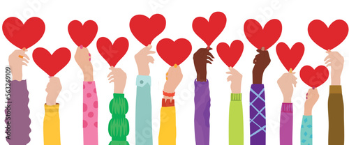 Arms raised of men and women with heart in hand. Charity donation