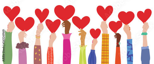 Diverse people and heart in hand. Arms and hands raised. volunteer and Support.