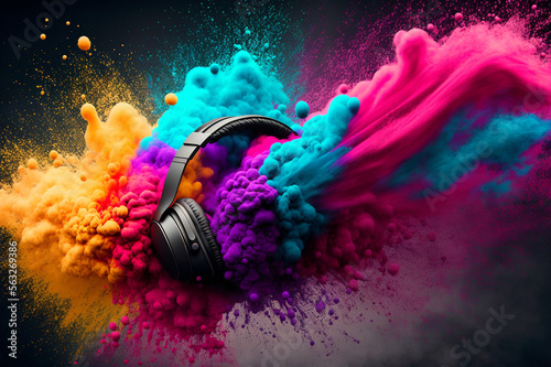 Headphones with colorful sound explosion. Festival concept. Created by Generative AI