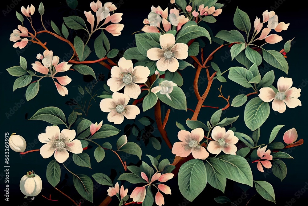 Fototapeta premium Floral apple blossom tree branches, Generative AI