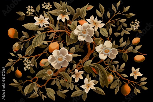 Floral orange tree blossom branches, Generative AI