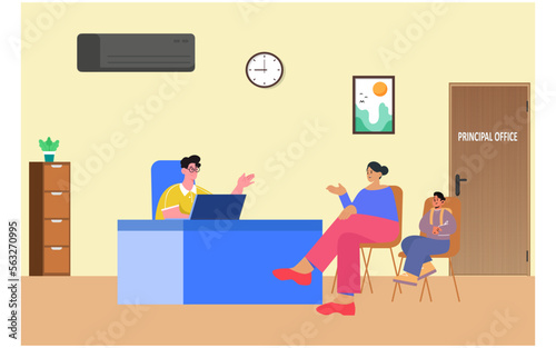 Principal school, communicating with kid mom about admission to her son at Principal office. Vector illustration.