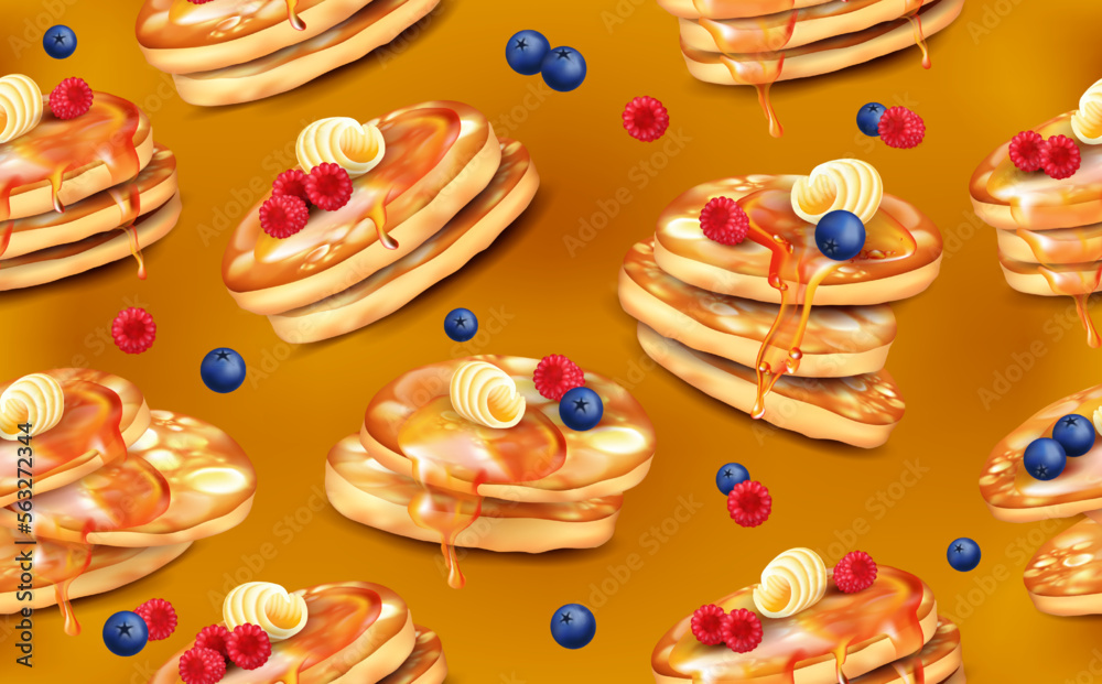 Pancake, strawberry breakfast pattern, cooking 3d isolated elements. Cute food with syrup, restaurant honey and cake. Kitchen print, product packaging. Vector seamless exact background Pancake, strawberry breakfast pattern, cooking 3d isolated elements. Cute food with syrup, restaurant honey and cake. Kitchen print, product packaging. Vector seamless exact background