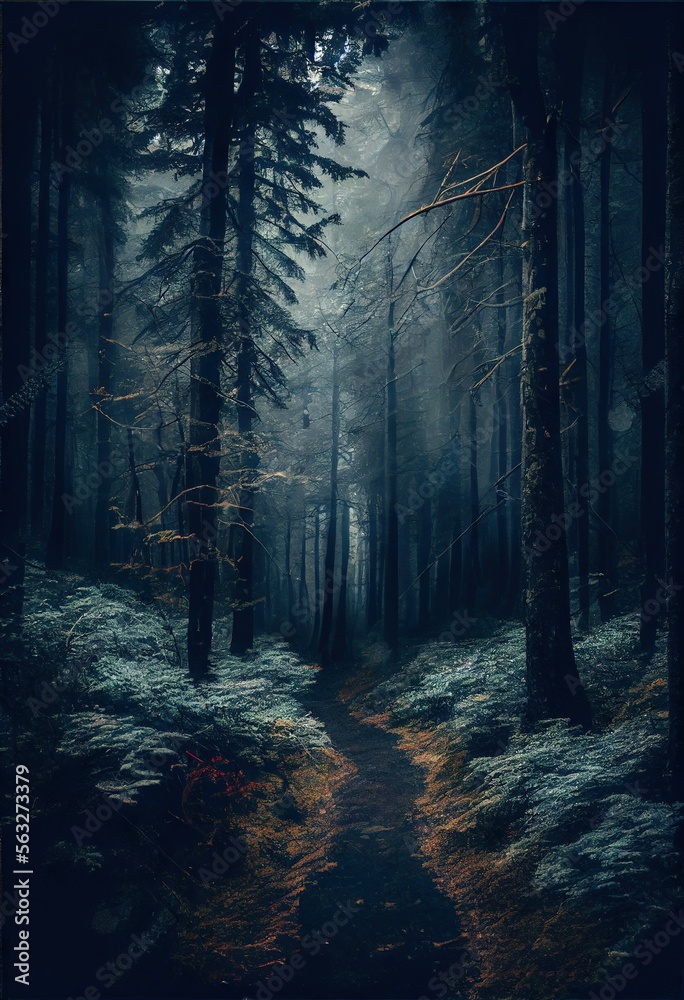 Fototapeta premium wide angle view of a dark gloomy foggy forest Generative AI