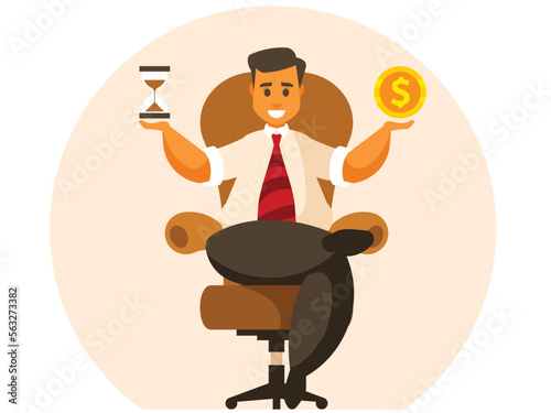 Time is money. Business concept. Balance with time and money. Businessman sitting on armchair. Vector graphics