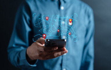 Businessman using smartphone searching world map with location point, GPS app, Destination travel maps and find places in the online system, searching by satellite system.