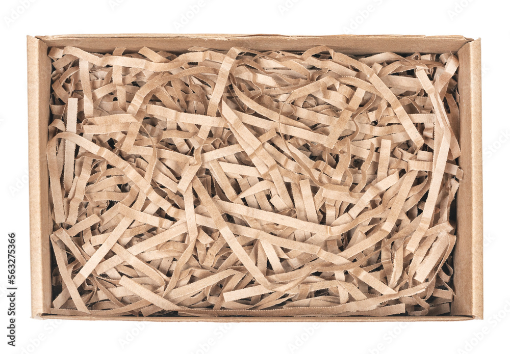 Open сardboard boxes for gifts or package with kraft paper shavings isolated on white background. Corrugated cardboard paper carton cargo container close up. parcels Open сardboard boxes for gifts or package with kraft paper shavings isolated on white background. Corrugated cardboard paper carton cargo container close up. parcels