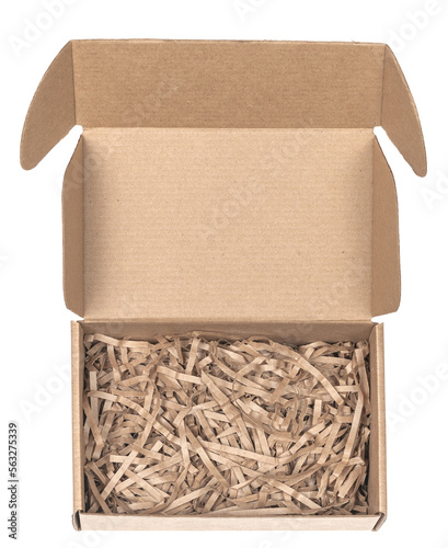 Open сardboard boxes for gifts or package with kraft paper shavings isolated on white background. Corrugated cardboard paper carton cargo container close up. parcels