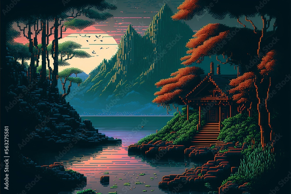 Tropical island in the sea, 32-bit pixel art, high resolution "AI