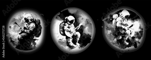 Astronaut playing guitar in space. Space tourist. Vector illustration.