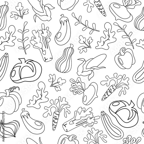 Vector vegetables seamless pattern in line art  outline style. Collection farm locally grown product for restaurant menu  market label. Tomatoes  carrot  pepper  pumpkin  corn isolated background