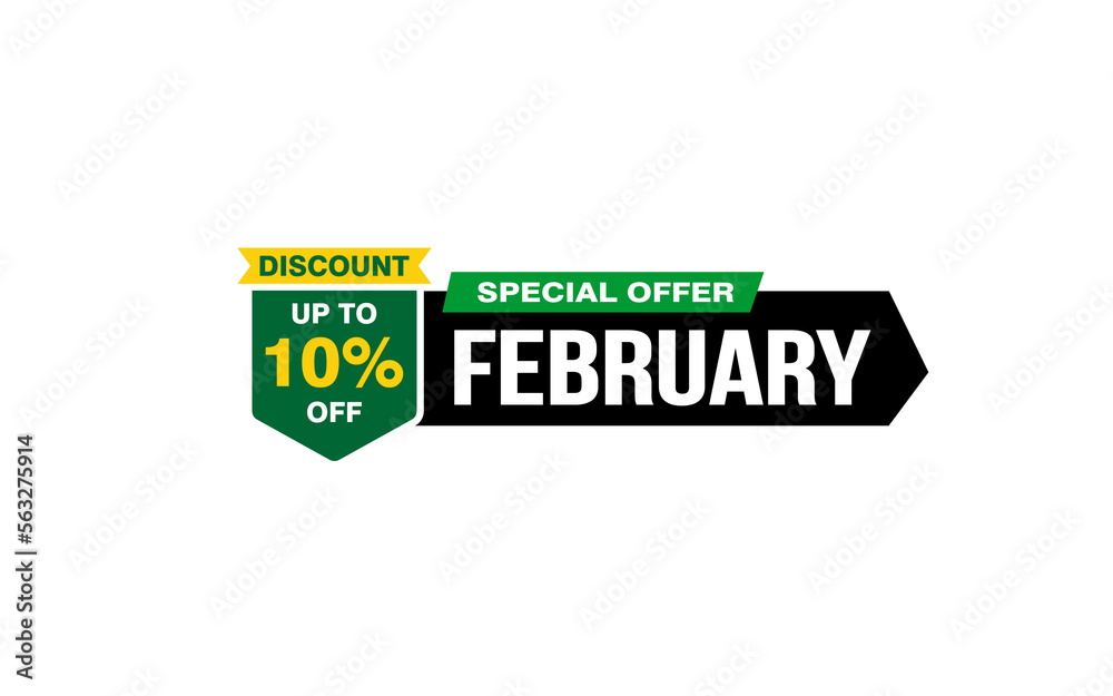 10 Percent FEBRUARY discount offer, clearance, promotion banner layout with sticker style. 