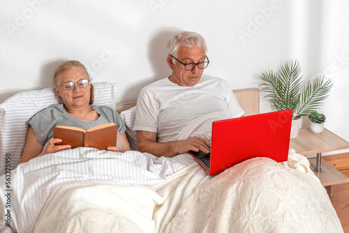 Senior couple spending leisure time in bed. A woman reads a book, a man works with a laptop while lying in the bedroom © TSViPhoto