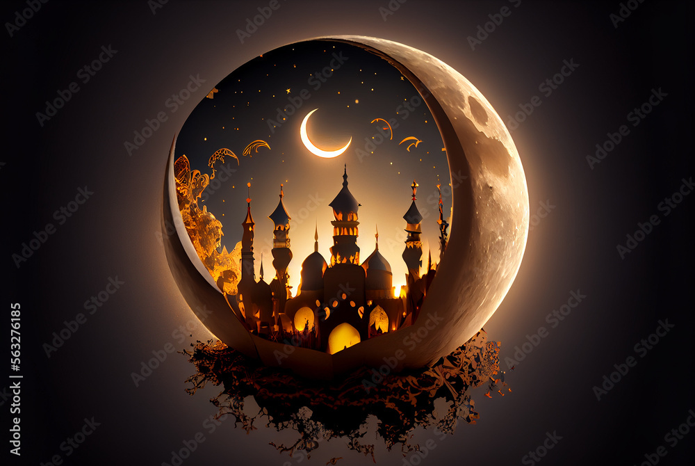 Moon and ramadan mosque. Generative AI.