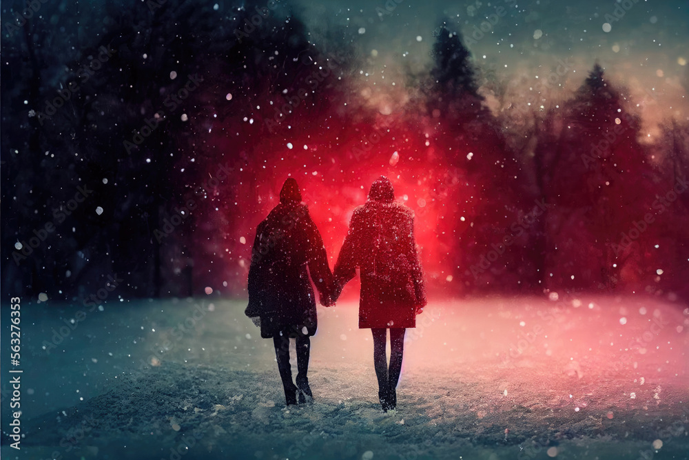 Fototapeta premium Couple in love on a walk holding hands in wintery scenery. Valentine's Day, Valentine's Day background, Generative AI