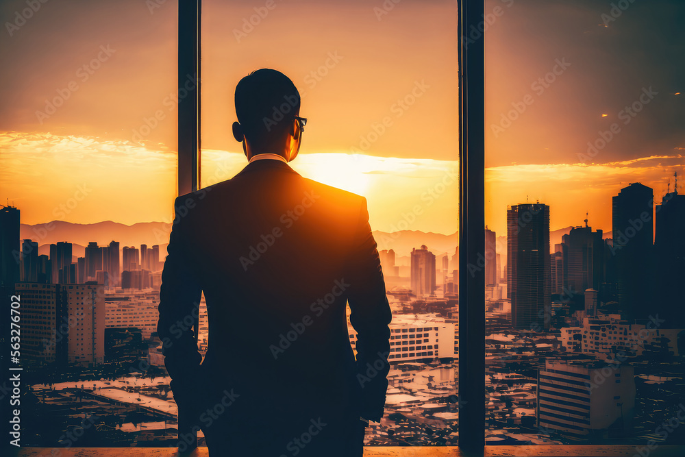 business man looking out through the office balcony seen through glass window. arab young man looking at Dubai city through hotel window. (ai generated)