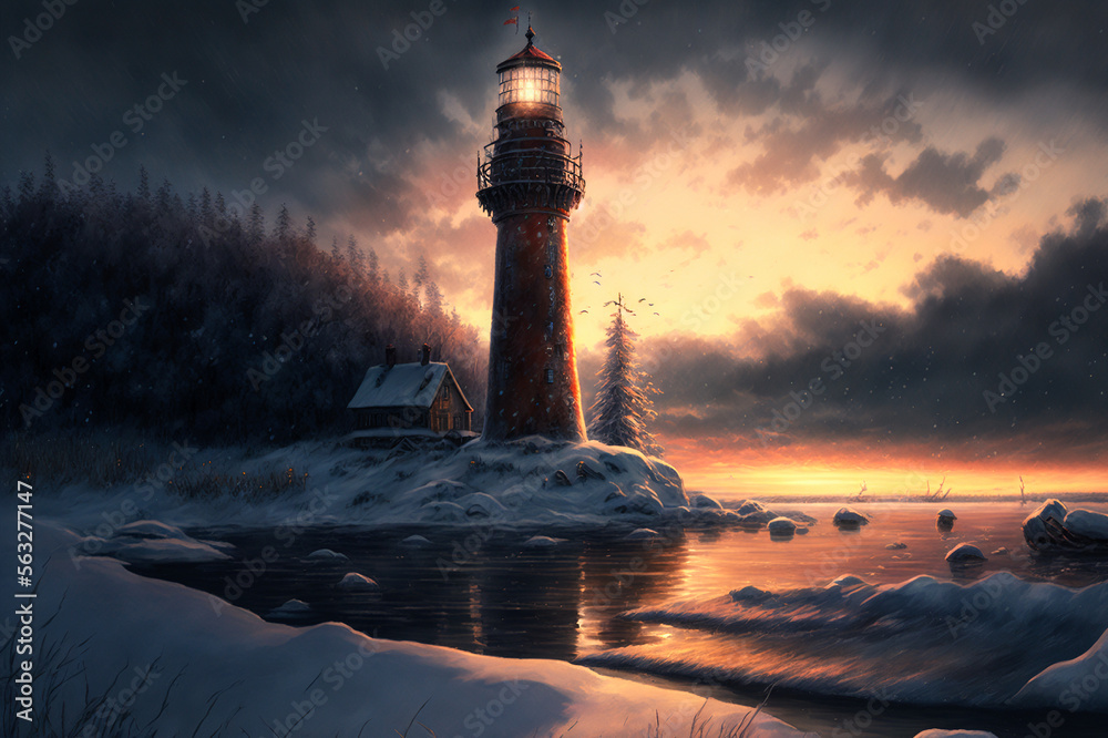 Lighthouse at the ocean during sunrise in winter (created with Generative AI Technology)