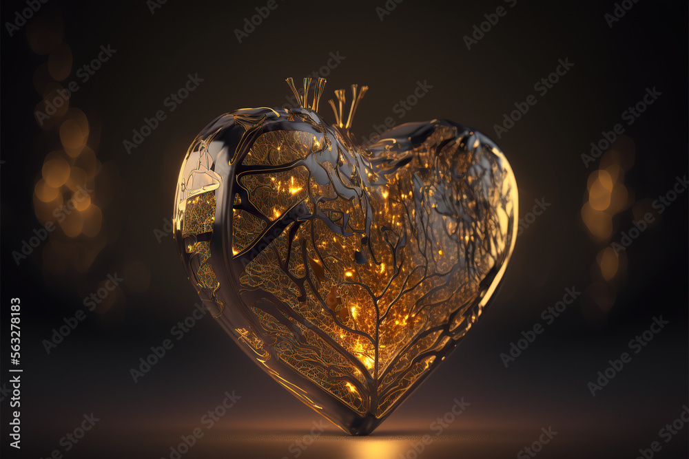 Fototapeta premium Golden glowing heart on a plain background, Valentine's Day, Valentine's Day background, Generative AI