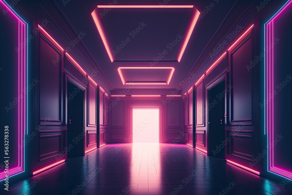 A minimal and symmetrical room with synthwave lighting. Generative AI