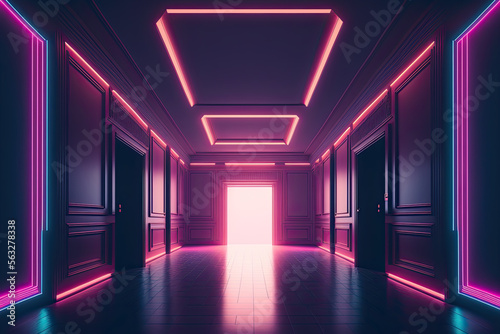 A minimal and symmetrical room with synthwave lighting. Generative AI