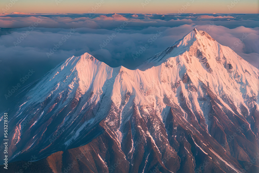 aerial landscape photo shot of a mountain from above, mist and snow - AI Generated