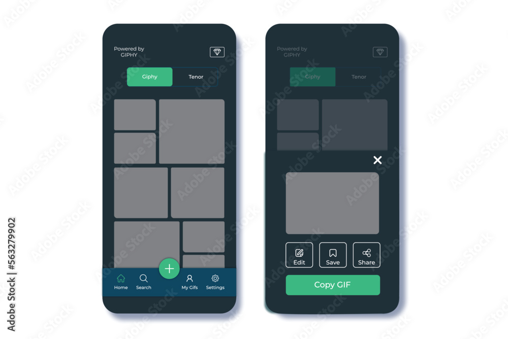 Giphy or Tenor maker app mobile phone interface. Home page ui screen