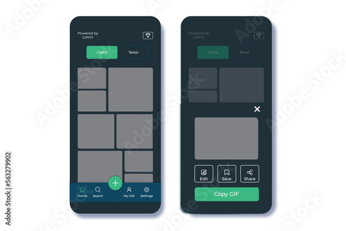 Giphy or Tenor maker app mobile phone interface. Home page ui screen design for Giphy apps.