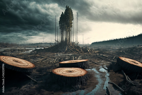 Deforestation with trees stump, ai generative illustration. photo