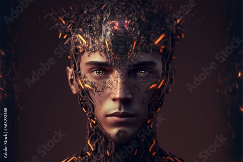 Mann mit modifizierten Cyborg Applikationen im Gesicht. AI generativ