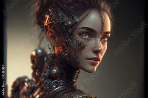 Frau mit modifizierten Cyborg Applikationen im Gesicht. AI generativ