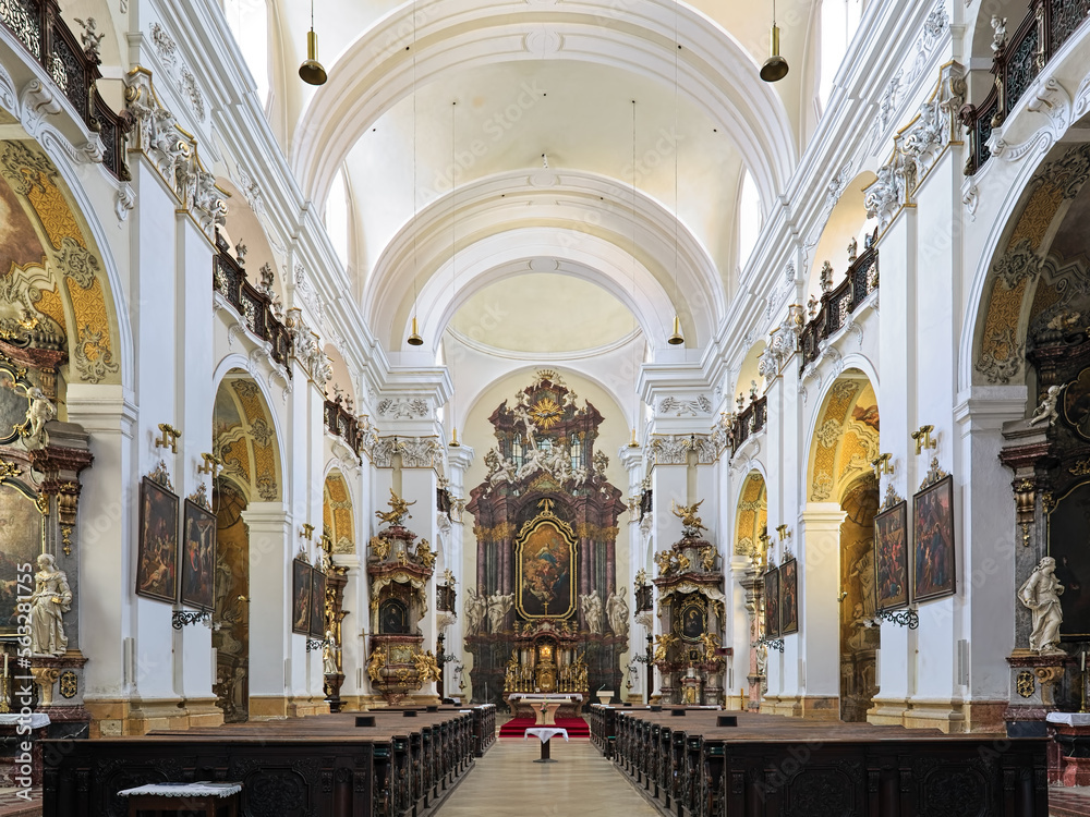 Hradec Kralove, Czech Republic. Interior of Church of the Assumption of the Blessed Virgin Mary. The church was built in 1654-1666 by design of the Jesuit monk and architect Carlo Lurago.