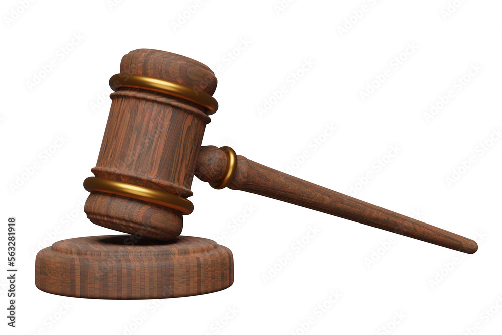 3d wooden judge gavel, hammer auction with stand isolated. law, justice system symbol concept, 3d render illustration - obrazy, fototapety, plakaty 